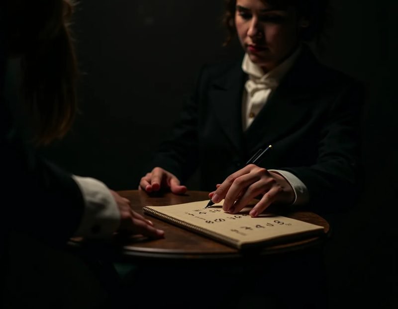 close-up of performer's hand writing a number on notepad, spectator watching from across small table