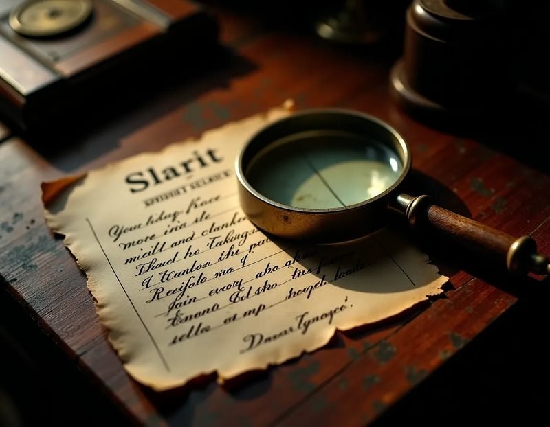 aged handwritten estate sale receipt beside weathered wooden spirit slate, magnifying glass resting on paper surface, ov
