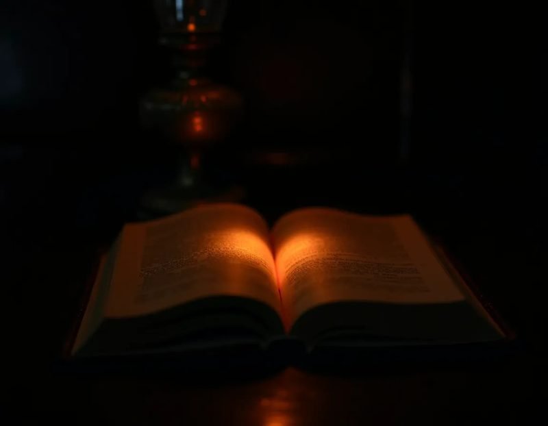close-up of antique oil lamp casting warm amber pool of light on open leather-bound journal, dark wood surface, surround