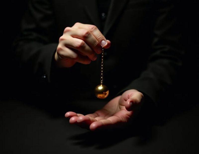 performer's relaxed hand holding pendulum chain pinched between thumb and index finger, pendulum suspended in air above 