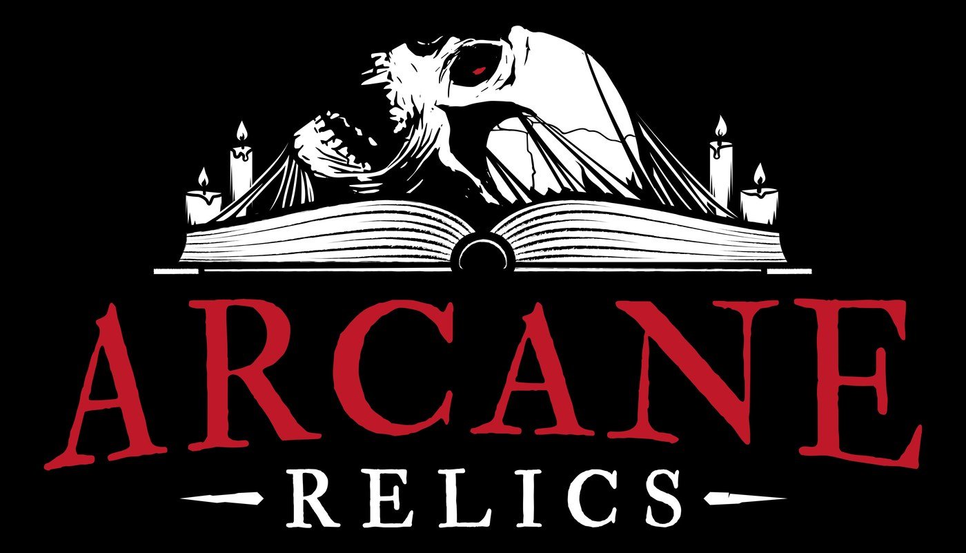 Arcane Relics logo: a skull and open grimoire flanked by candles