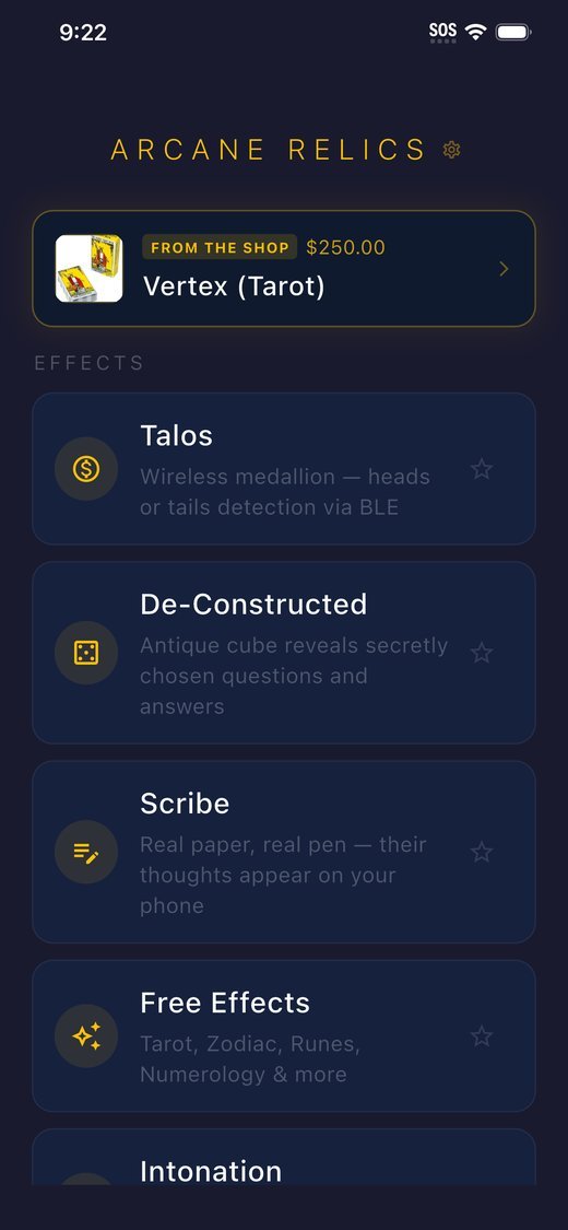 ArcaneHub iOS home screen showing owned effects