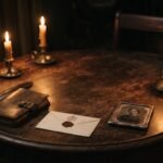 A dark wood séance table lit by beeswax candles, set with a leather journal, a wax-sealed envelope, and an antique framed photograph