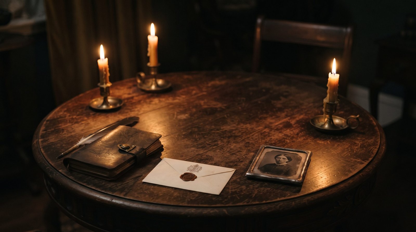 A dark wood séance table lit by beeswax candles, set with a leather journal, a wax-sealed envelope, and an antique framed photograph
