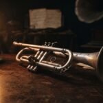 A vintage spirit trumpet on a dark wood table lit by candlelight, with old sheet music in the background