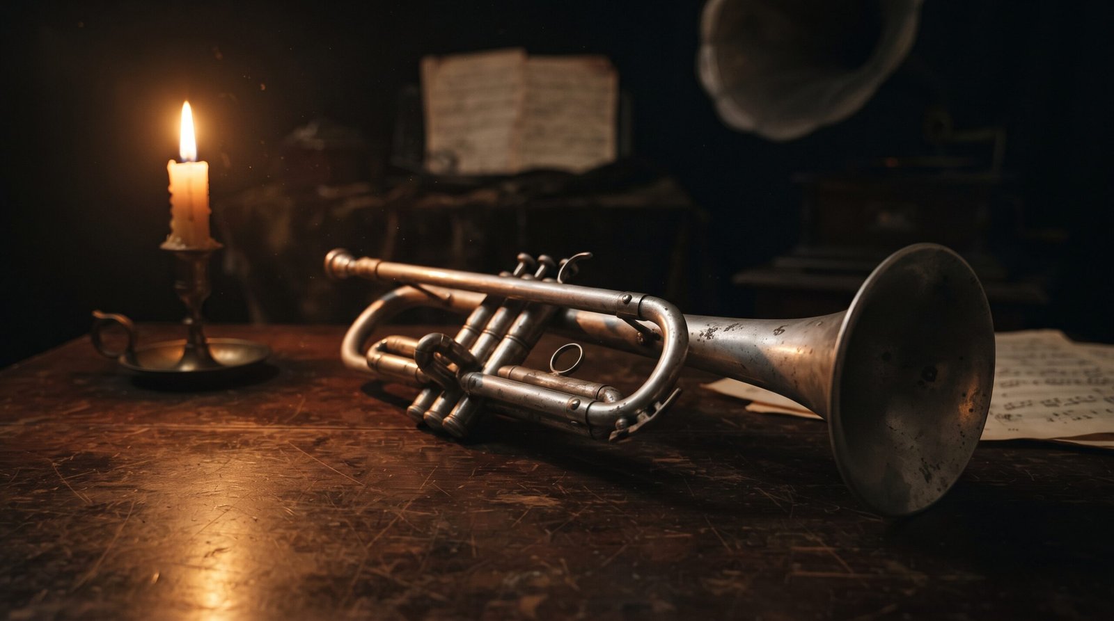 A vintage spirit trumpet on a dark wood table lit by candlelight, with old sheet music in the background