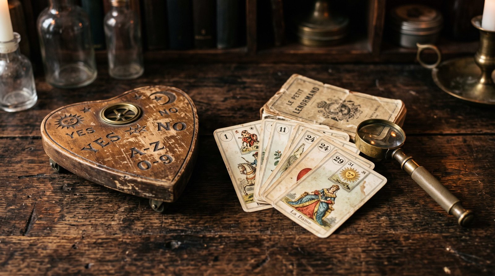 An antique wooden planchette, a worn Lenormand tarot deck, and a brass magnifying loupe on a dark wood table