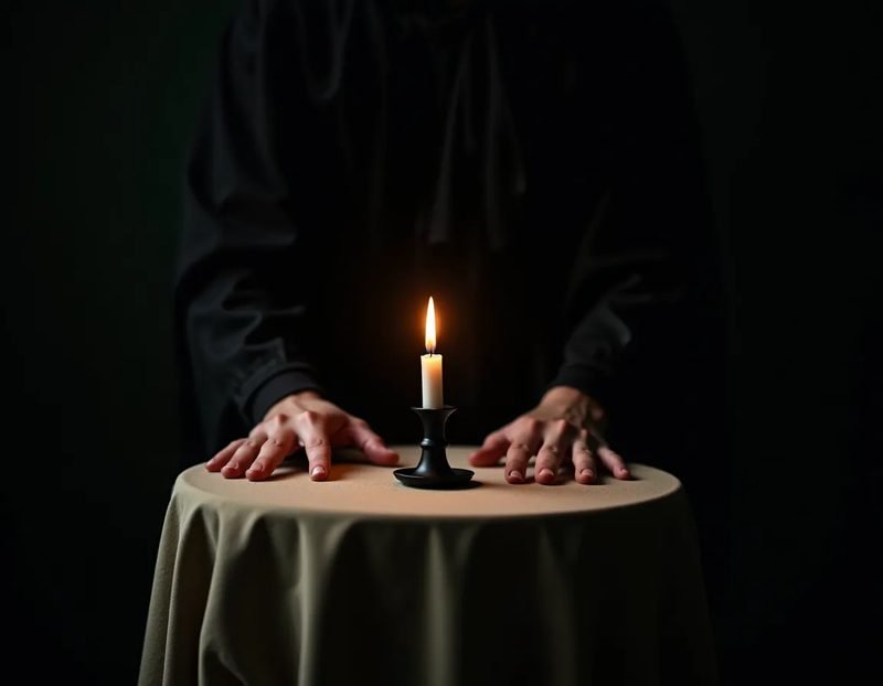 A performer's hands resting on a cloth-covered table beside a single candle, the moment just before beginning
