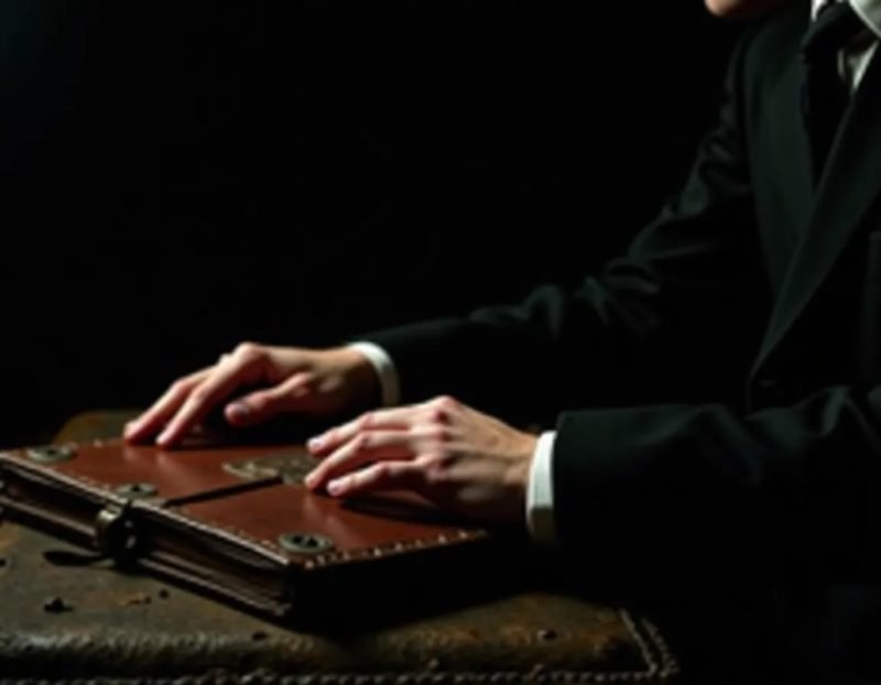 Close-up of a performer's hands resting on a table beside a worn leather notebook, dim light