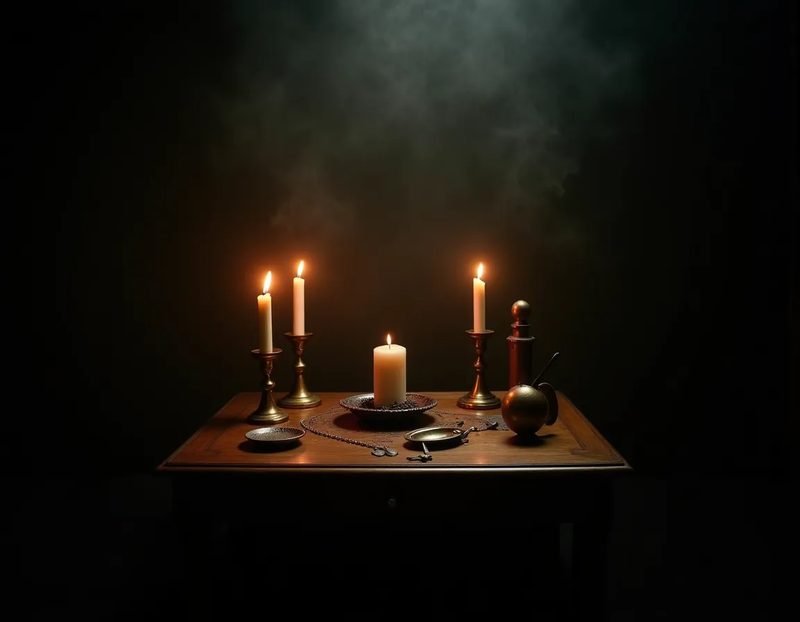 antique séance table set with candles and mysterious objects, period atmospheric photograph