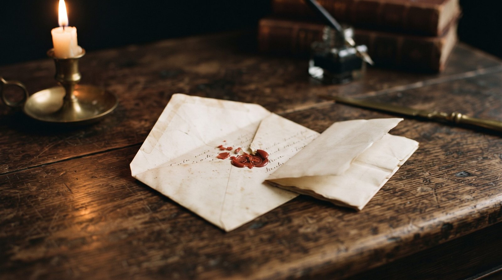 A broken wax seal on an antique billet envelope, candlelight, quill and ink beside old books