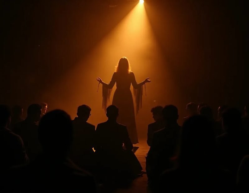 performer lit by a single warm spotlight with audience in soft low ambient light, strong contrast between stage and room