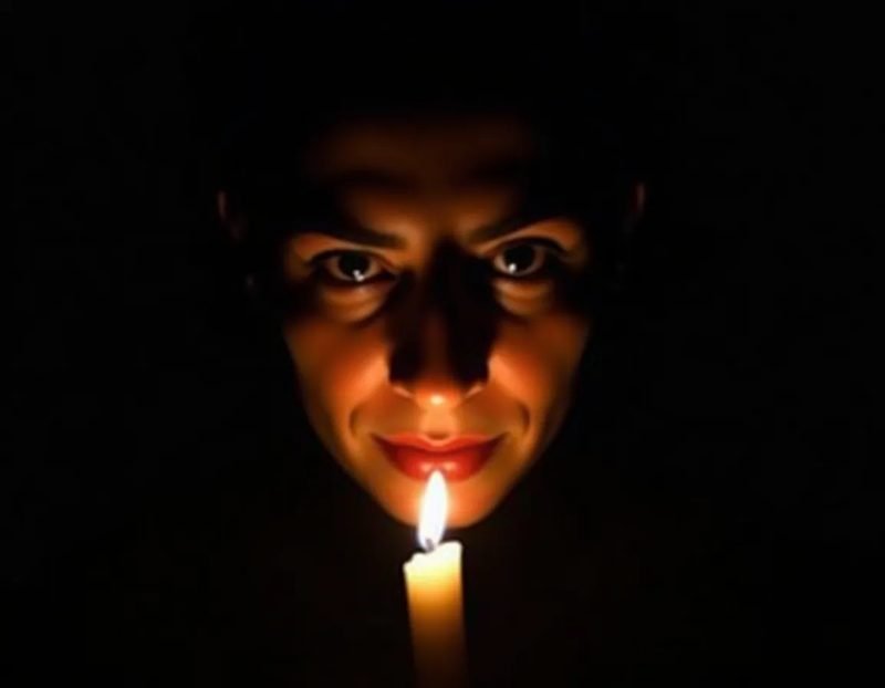 a performer's face lit from slightly below and to the side by a single candle flame, dramatic shadow rising across the u