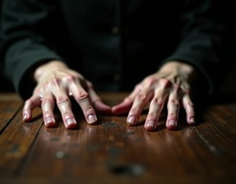 Close-up of hands pressed flat on a wooden seance table, tension visible in the fingers