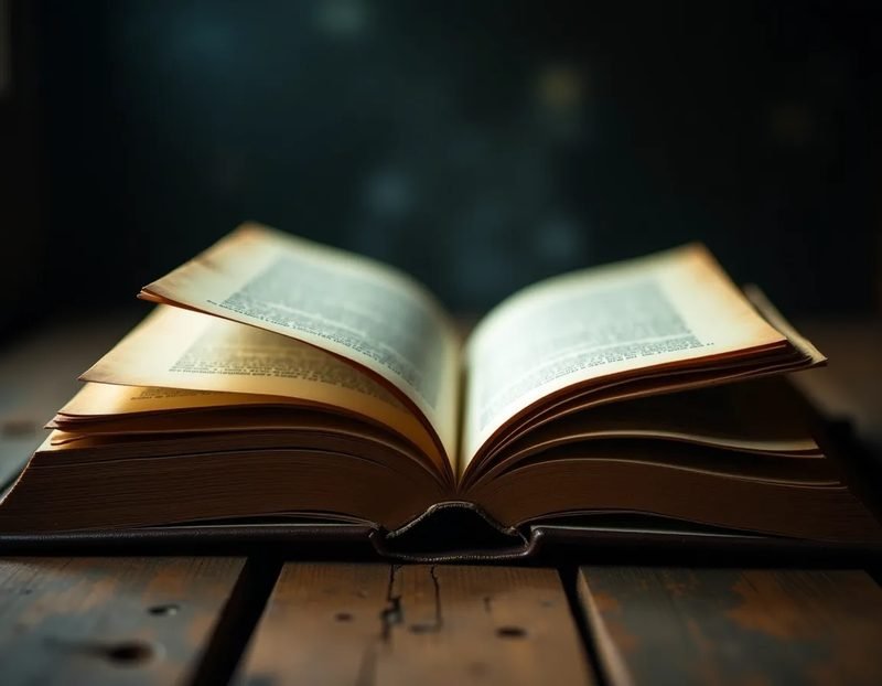 an open book lying spine-up on a worn wooden surface, pages slightly fanned, natural light