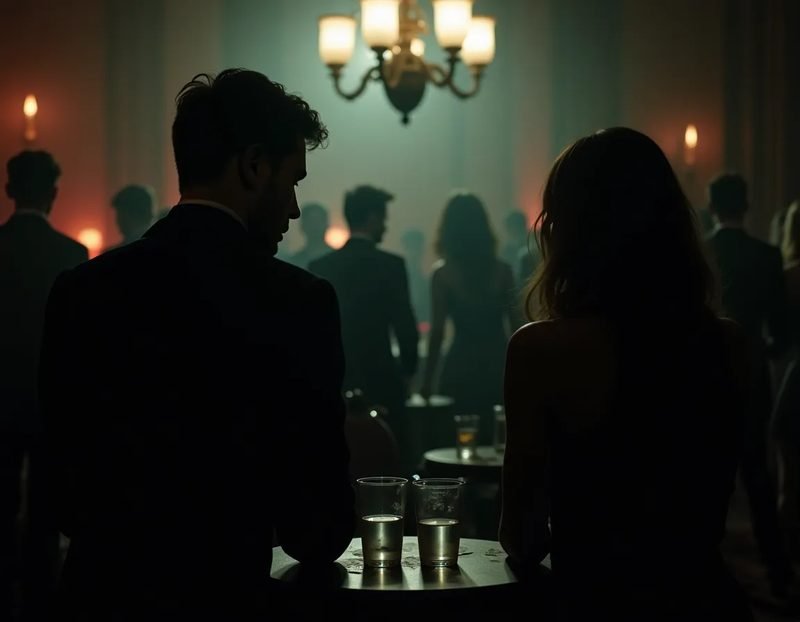 two people in quiet conversation at the edge of a dimly lit event space, backs to camera, untouched glasses of water on 