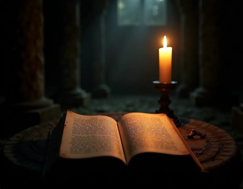 ruins by candlelight with an aged manuscript open to a page of handwritten prophecy