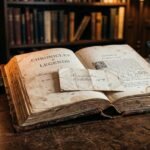 An open antique book with a handwritten slip of paper tucked between the pages, candlelight