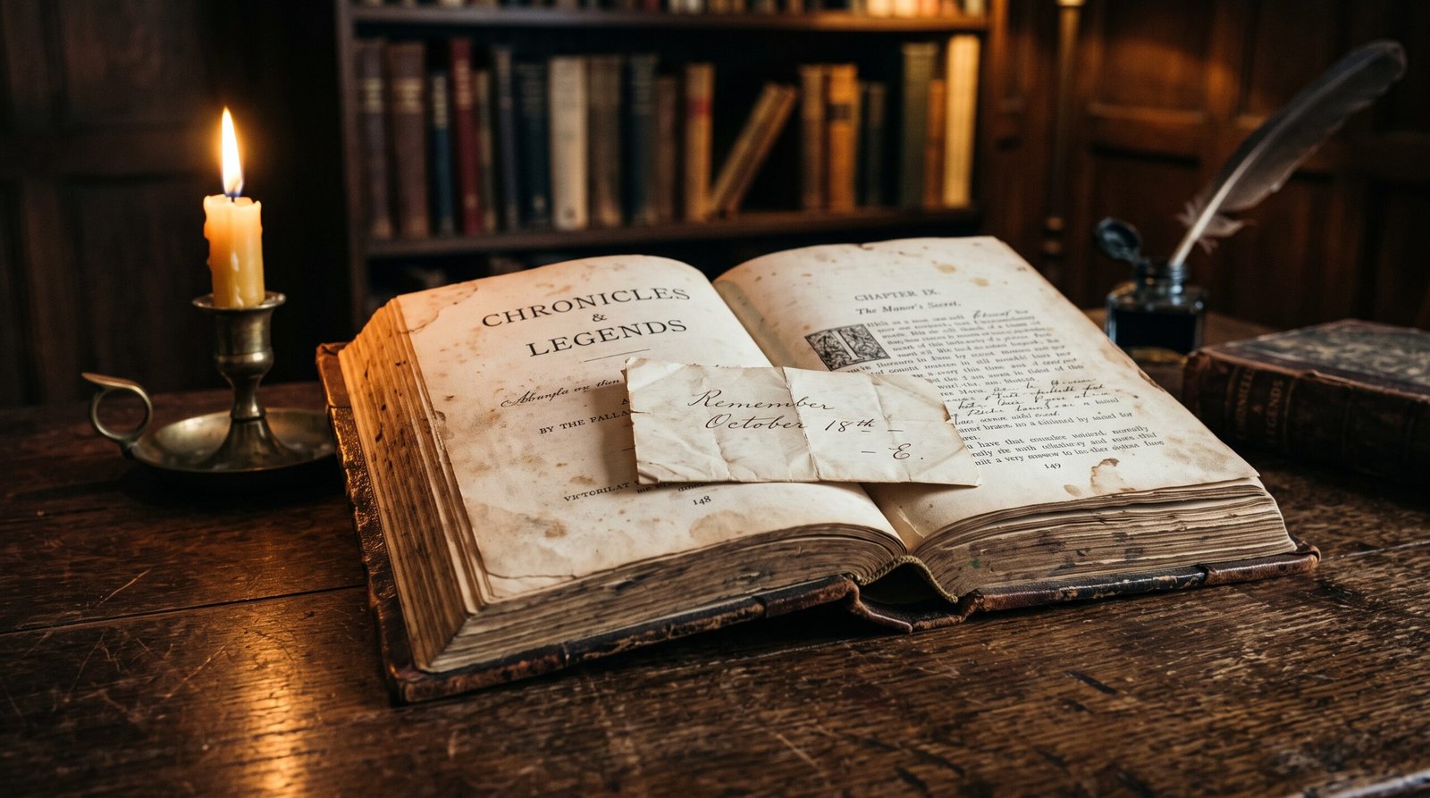 An open antique book with a handwritten slip of paper tucked between the pages, candlelight