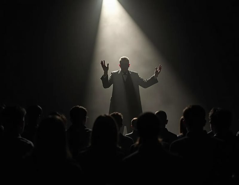 A mentalism performer silhouetted against a single spotlight, audience lost in deep shadow, dramatic and still