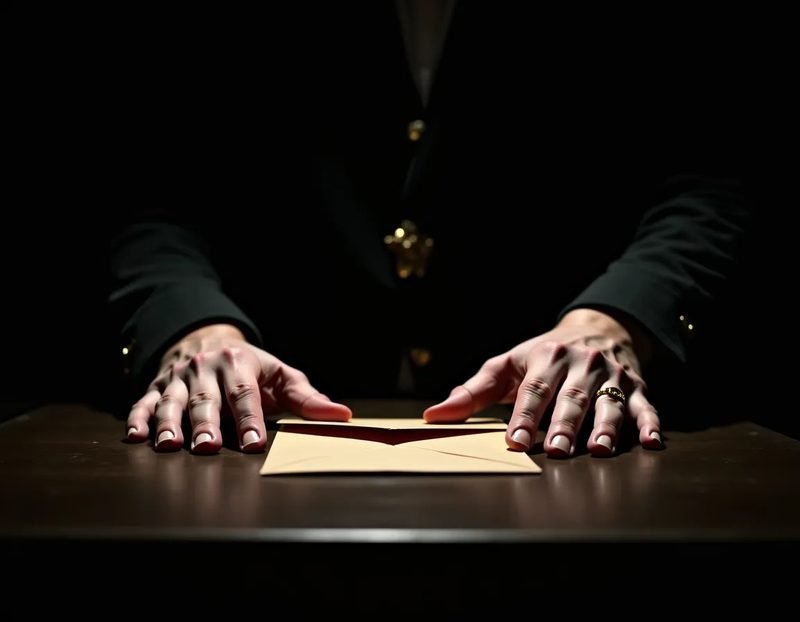 close-up of a performer's hands resting near a sealed envelope on a table