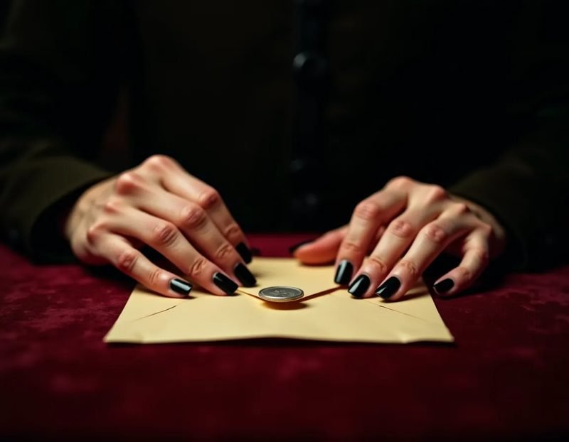 Close-up of hands over a sealed envelope on a velvet-covered table