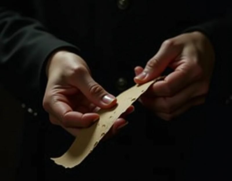 close-up of hands folding and tearing a small paper billet, softly lit, workmanlike