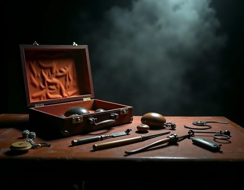 a performer's prop case open on a table, several distinct effects laid out and organized