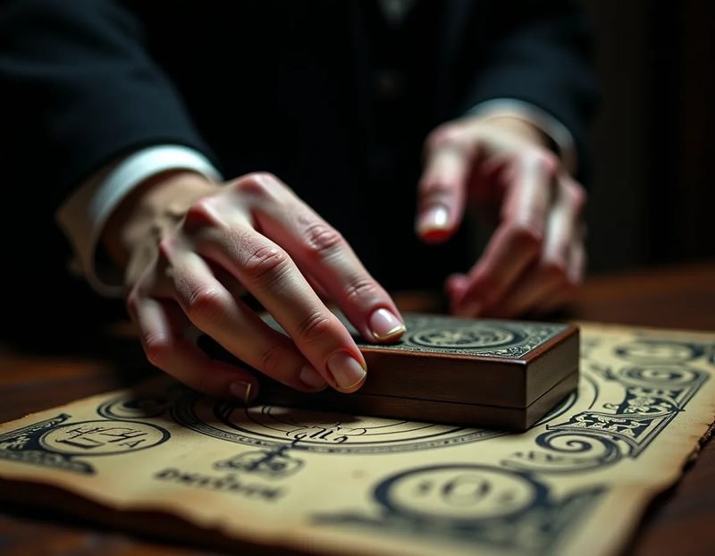 close-up illustration or diagram of a hand holding a planchette, muscle tension implied