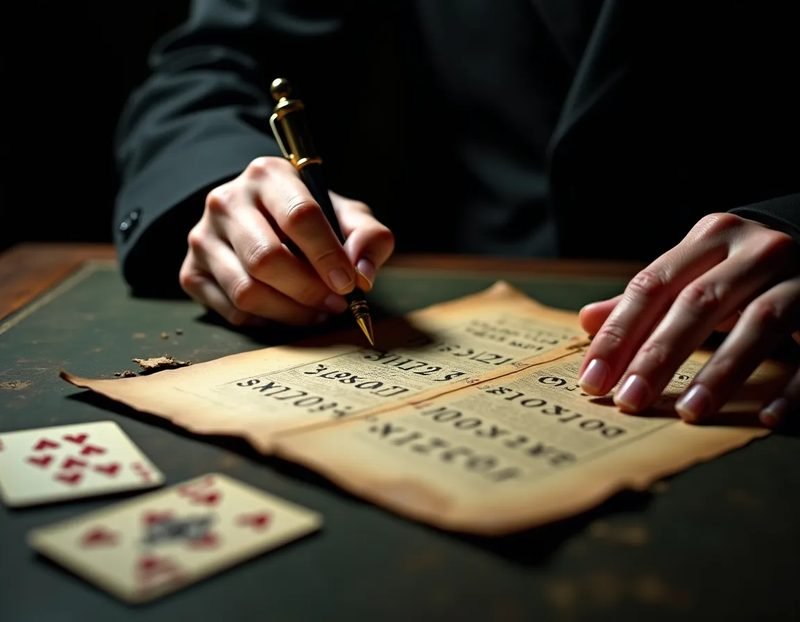 close-up of hands writing a sequence of numbers on aged paper, playing cards nearby