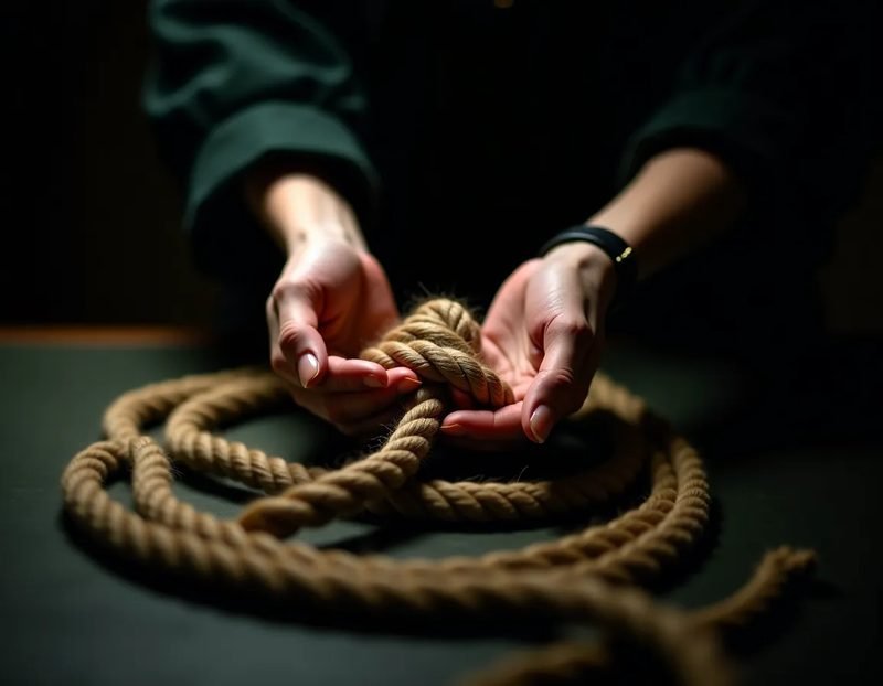Close-up of hands being tied with rope in a period-accurate style, rope coiled on a table