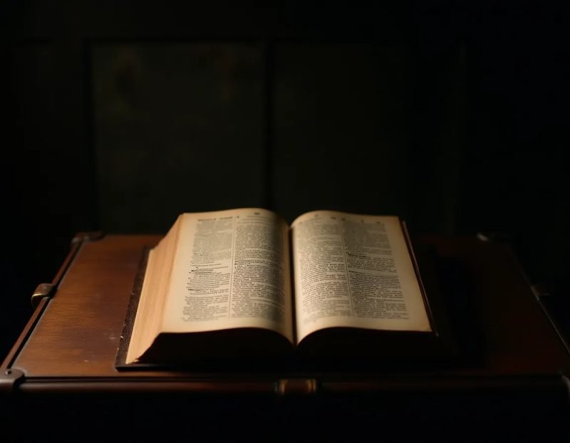 A well-worn hardcover book test prop resting open on a wooden desk