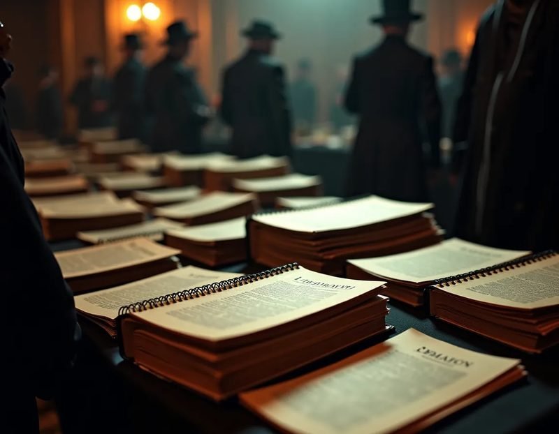 A crowded convention dealer room table stacked with small spiral-bound manuscripts and photocopied booklets