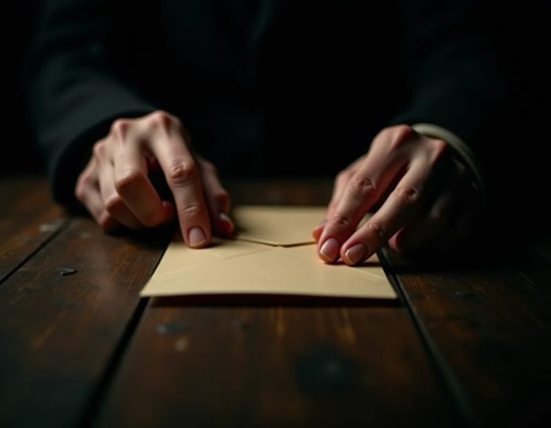 close-up of two hands resting calmly on a table, contrasted with hands lightly gripping an envelope
