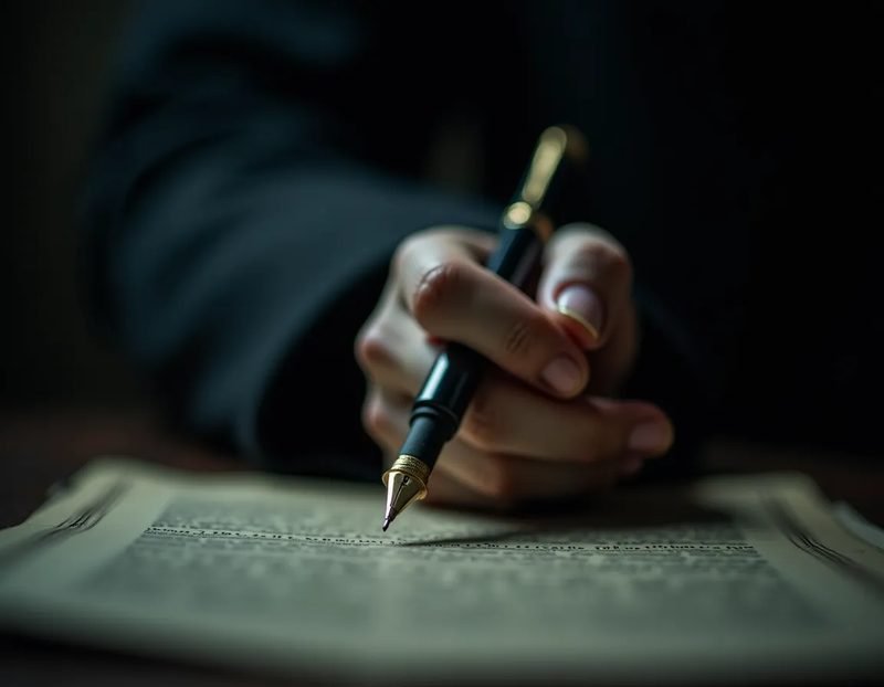 close-up macro shot of a hand gripping a pen mid-stroke, motion blur on the pen tip