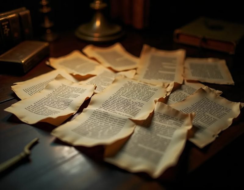 crumpled and rewritten script pages scattered on a desk, several lines crossed out