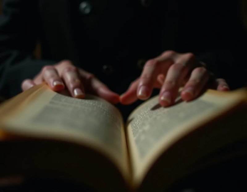 close-up of fingers riffling through book pages, blurred motion