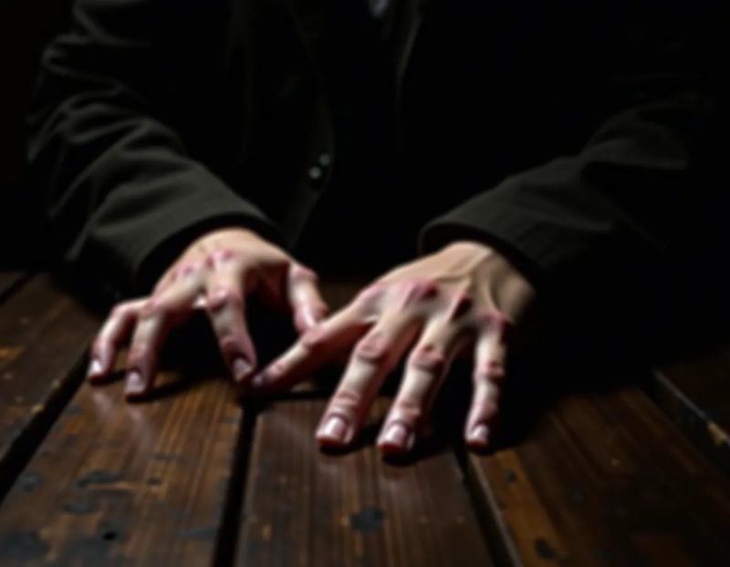 close-up of hands resting lightly on a wooden tabletop, fingertips just touching