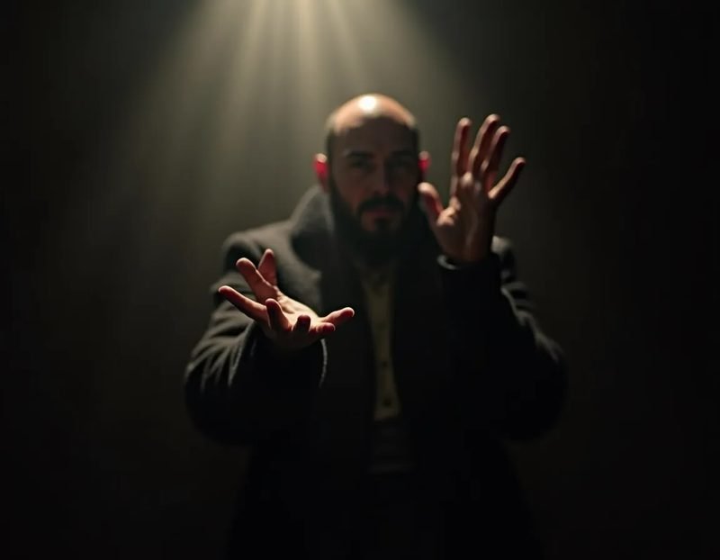 a magician mid-gesture, hand raised toward a spectator, commanding the room