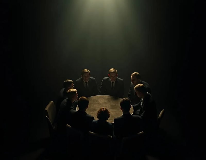 Overhead view of a seated audience arranged in rows or around tables, showing varied body positioning