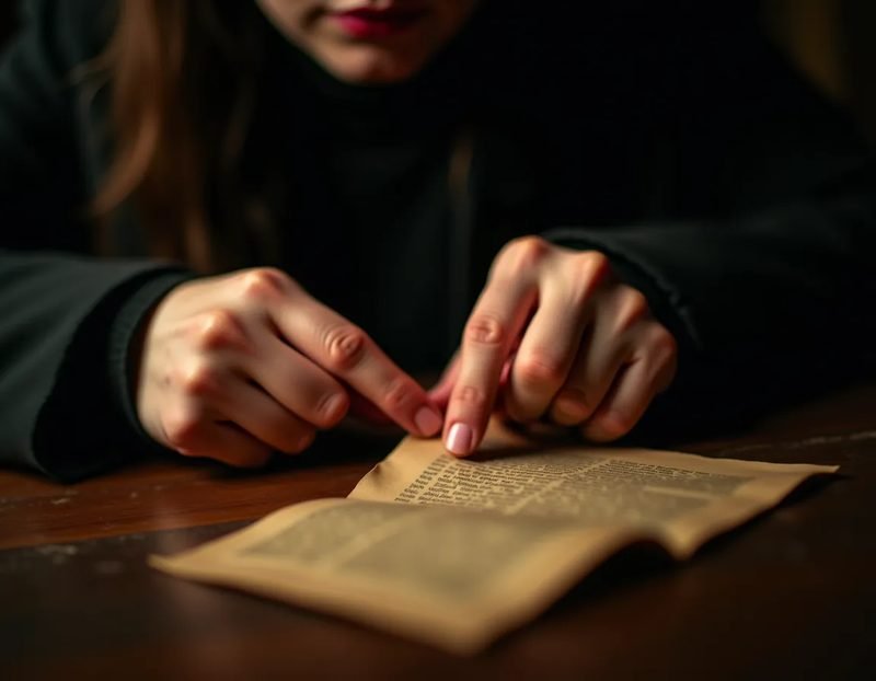 Close-up of hands tearing a small piece of paper, warm tabletop lighting