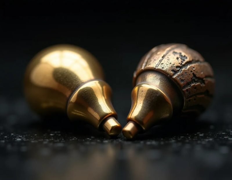 macro shot comparing a hand-machined brass shell against a resin-printed shell, showing surface texture