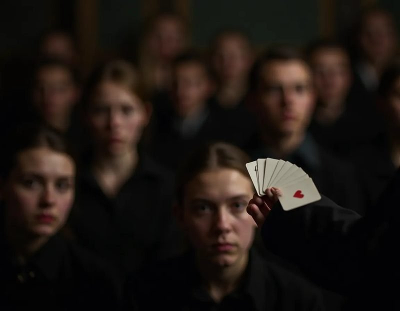 close-up of hands doing a card fan, blurred audience faces in the background