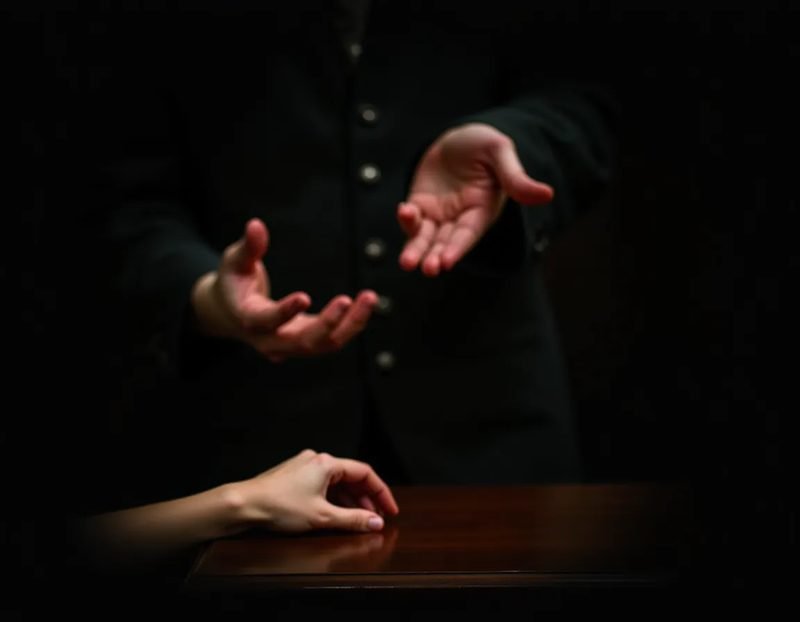 Close-up of hands mid-gesture at a small table, spectator's hand visible in frame for scale