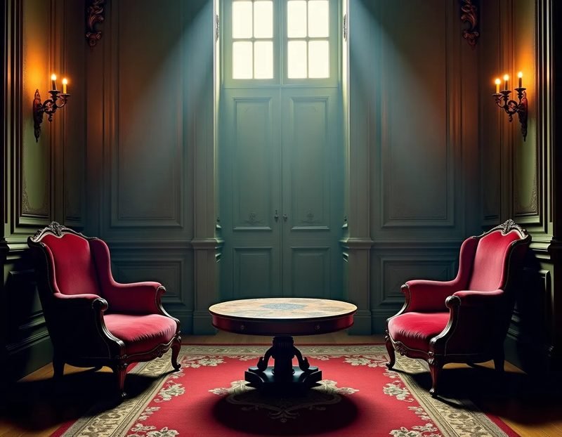 Ornate 19th-century drawing room interior with velvet chairs and a round table