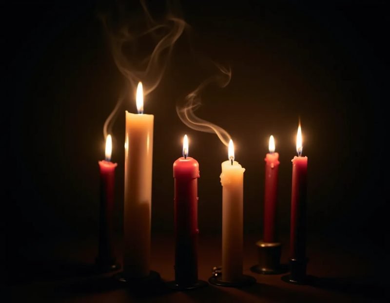 several types of candles burning side by side, smoke trails visible
