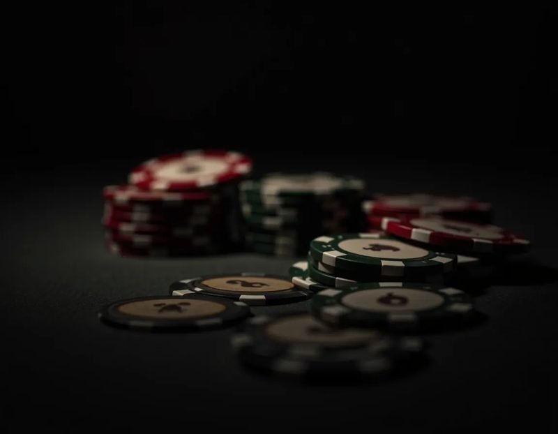 Close-up of poker chips being pushed forward into a pot