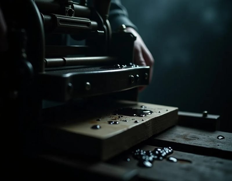 close-up of a hand-cranked printing press with wet ink