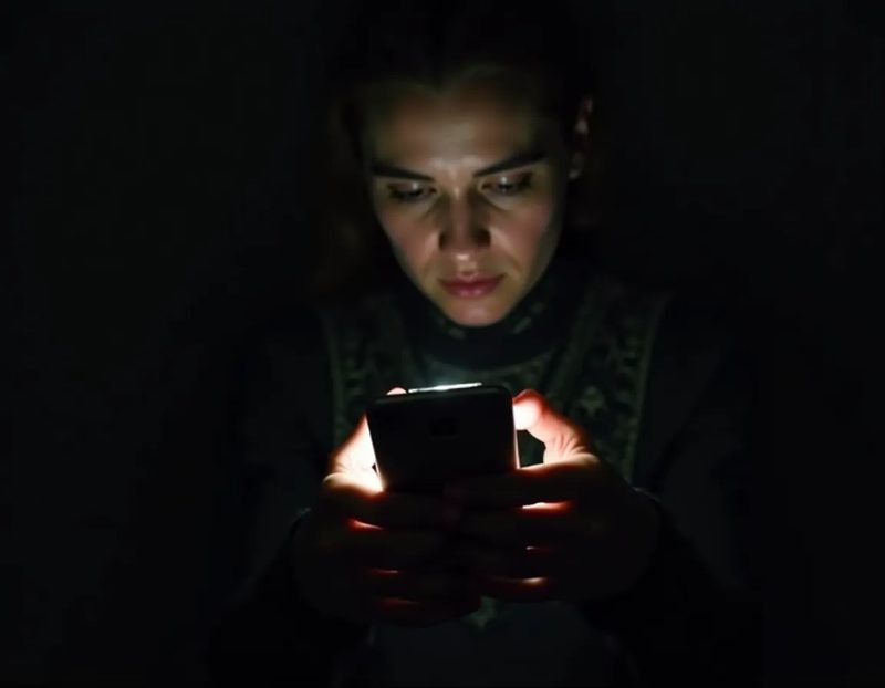 a close-up of hands holding a smartphone with a chat app open, screen light on the face