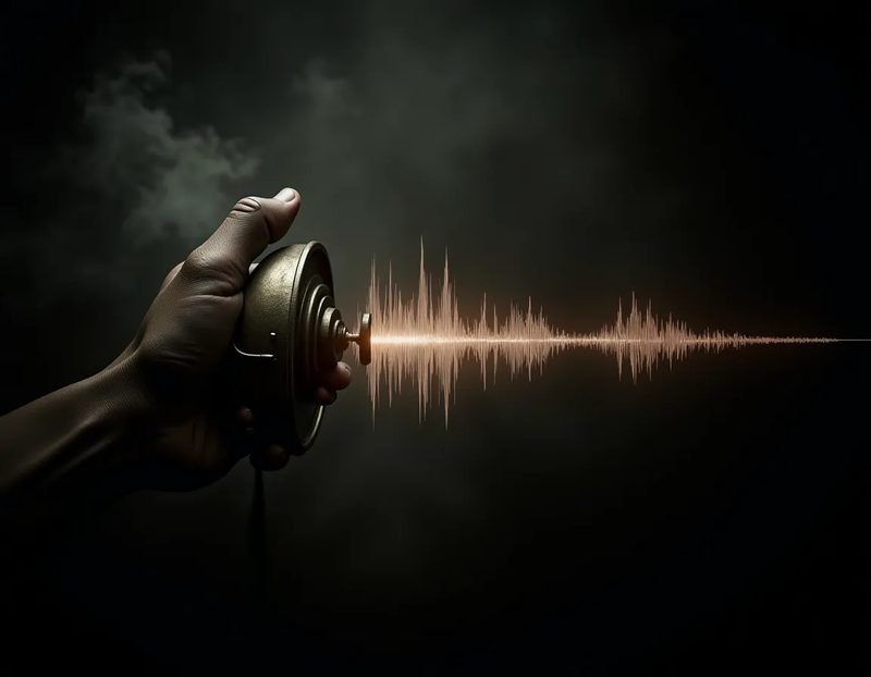 Waveform overlay illustration suggesting sound triggering a mechanical response
